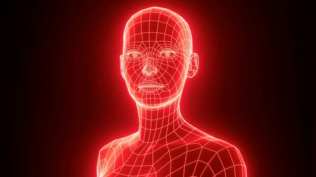 A glowing red wireframe 3D human head and shoulders model turns slowly from profile to face the camera.