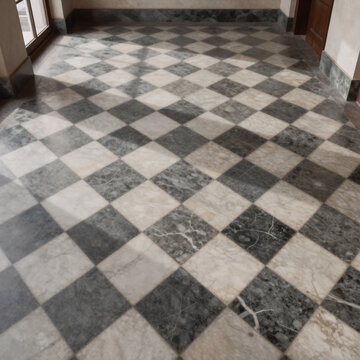 Fashion Illustration Marble Bathroom. Empty, Grungy Interior With Checkered Marble Floor