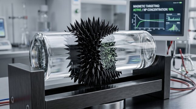 Magnetic ferrofluid spikes around a glass cylinder in a high-tech science laboratory for medical targeting research and physics experiments