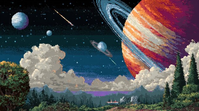 Pixel art of planets and space with a saturn like ringed world in a colorful sky