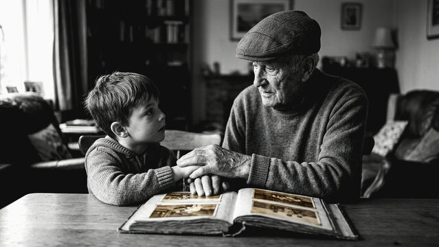 Senior man and young boy looking at a photo album together