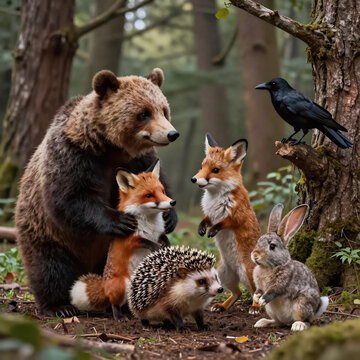 Retrofuturism Crow Kid. A Playful Gathering Of Bear, Fox, Hedgehog, Rabbit, And Crow Friends