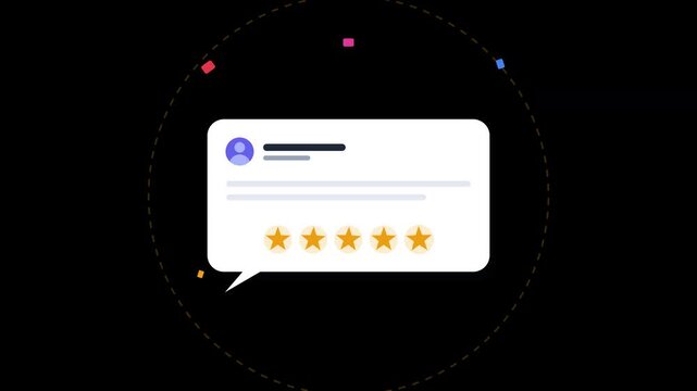 customer review rating icon animation with feedback speech bubble, user profile avatar, and hundred percent satisfaction badge element for ecommerce reputation and marketing