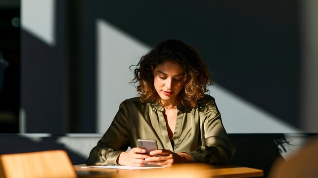 Woman sits, focused on smartphone