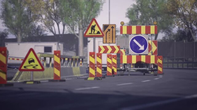 Chevron arrows and diversion markers redirect urban traffic, pavement and asphalt framed by trees, temporary barrier array creates clear detour path, dusk