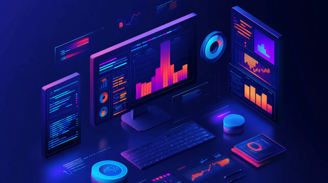 Isometric data analysis dashboard with charts and graphs for business intelligence and analytics