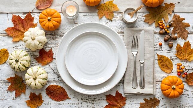 A beautifully set autumn themed table setting with pumpkins colorful leaves and elegant tableware perfect for a festive fall dinner or thanksgiving celebration creating a