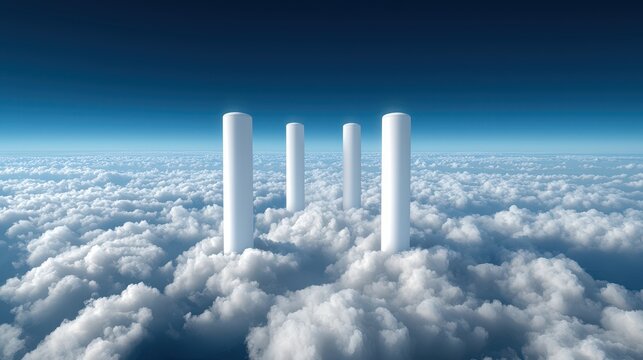 Abstract Concept of Four Cylinders Rising Above White Clouds in Bright Blue Sky