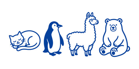 Naklejka premium Cute blue outline cartoon animal characters set including a sleeping cat a penguin a llama and a bear for various design projects