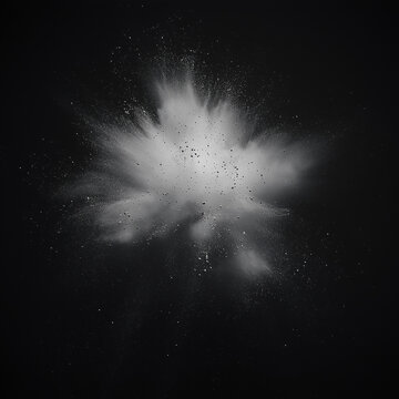 White powder blast explosion on dark background. Monochrome abstract dust burst with flying debris. Dynamic high speed impact concept