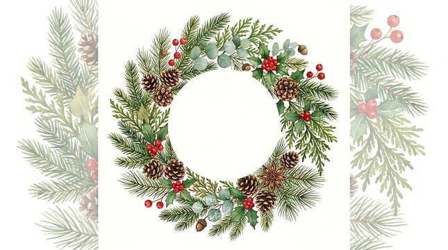Watercolor with pine branches, cones, red berries, and eucalyptus leaves on a white background