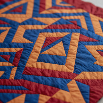 Mecha Pattern Quilt. Vibrant, Geometric Ethnic Quilt Pattern Collection Featuring Seamless Blue, Red, And Orange Squares