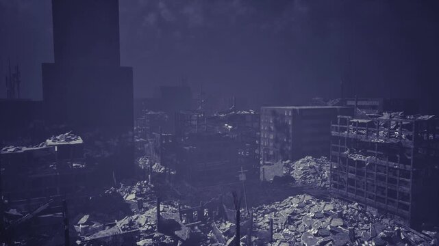Dystopian skyline with distant city lights, lowlying fog mixing with faint glows, collapsed foreground structures creating jagged horizon, eerie calm punctuated