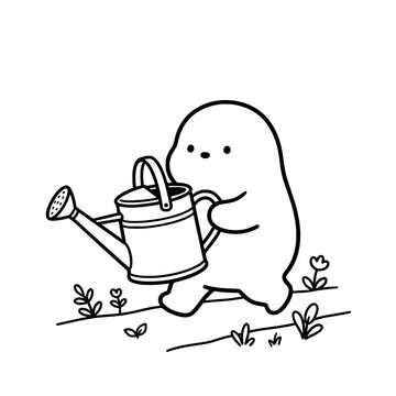 A cute character joyfully waters flowers in a vibrant garden, showcasing the importance of care, nurturing nature, and the beauty of growth and life.