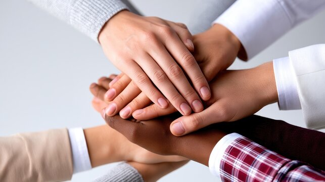 Diverse hands stacked together in unity gesture