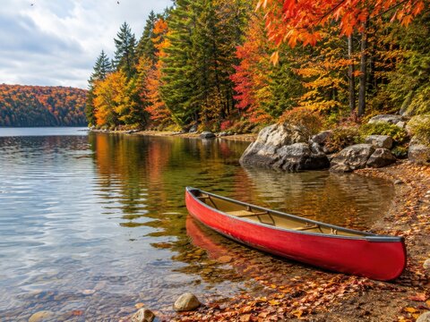 Rotes Kanu am Ufer eines herbstlichen Sees in Kanada &ndash; Kristallklares Wasser, bunte W&auml;lder und friedliche Stimmung machen diese Szene zu einem klassischen Motiv f&uuml;r Reisebilder.
