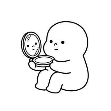 A cute character sits with a mirror, gazing at its own reflection, conveying themes of self-reflection, innocence, and childlike wonder in a simplistic artistic style.