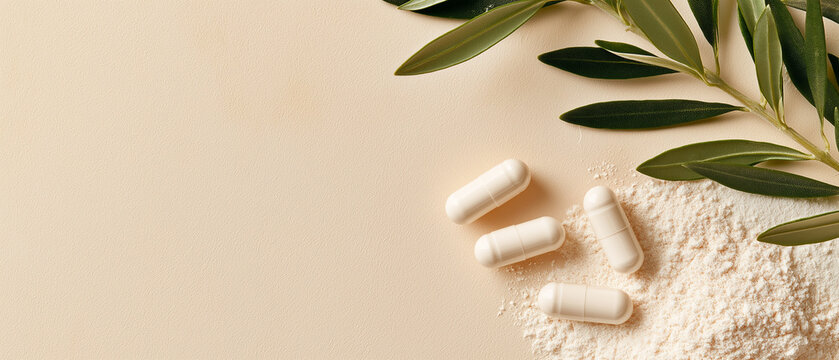 Collagen Supplementation: White collagen capsules and powder are neatly arranged with a sprig of olive leaves, suggesting natural health and wellness.