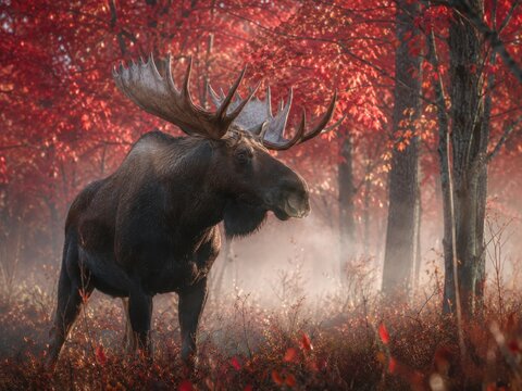 Majest&auml;tischer Elch im roten Herbstwald Kanadas &ndash; Nebel, warmes Licht und eindrucksvolle Geweihform schaffen ein starkes Naturmotiv f&uuml;r Wildlife-, Outdoor- und Reisebilder.