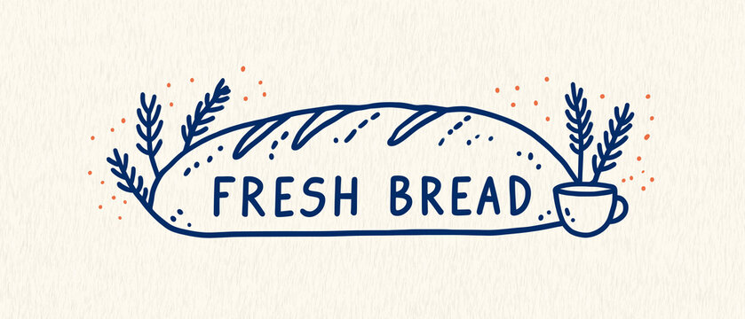 Artisan Bread Emblem: A charming, hand-drawn illustration depicts a loaf of rustic bread with FRESH BREAD inscribed on it, flanked by wheat stalks and a steaming cup, celebrating the warmth of baking.