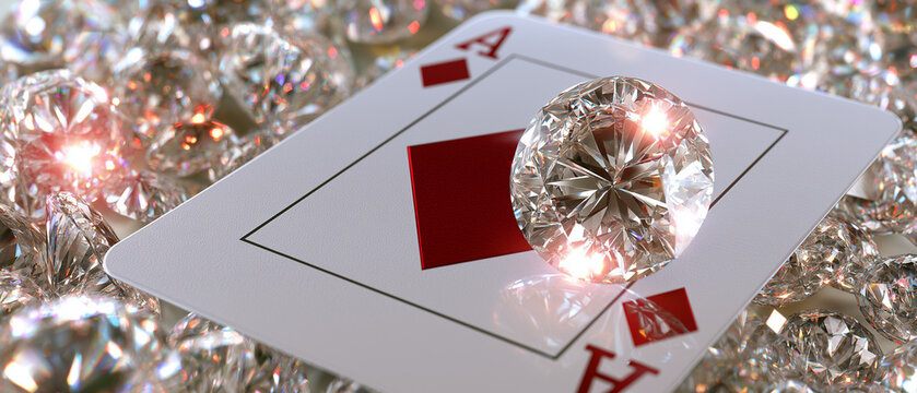 Ace of Diamonds with Gemstones: A dazzling, high-quality image featuring a single ace of diamonds playing card adorned with a sparkling gemstone, surrounded by a multitude of glittering diamonds.