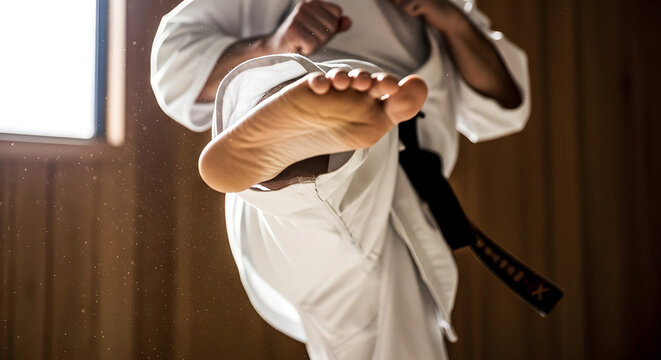 Martial Artist Performing High Kick in White Gi
