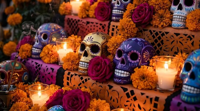 Decorated sugar skulls with marigold flowers and candles
