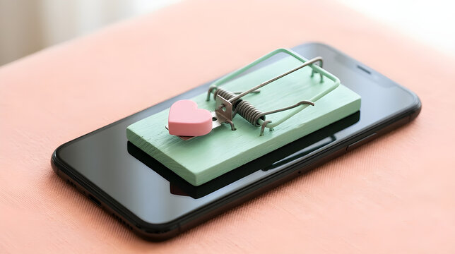 Macro surreal photo of a physical pastel wooden mousetrap sitting on a smartphone screen baited with a heart icon.