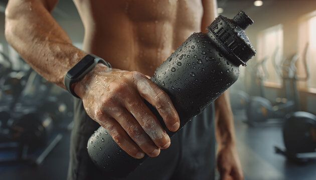 A closeup of a muscular, sweaty athlete holding a cold, wet fitness shaker bottle inside a gym, capturing the intense feelings of dedication, hard work, and refreshing hydration.