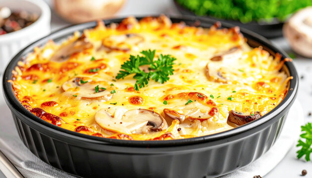 Creamy chicken, cheese and mushroom julienne, baking dish. AI