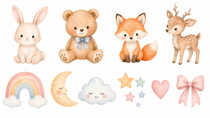 Naklejka premium Cute watercolor woodland animal clipart set. Bunny bear fox deer with rainbow moon cloud heart bow isolated on white background. Baby shower and kids design elements