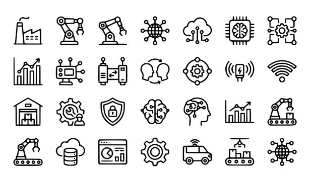 Industry 4.0 editable line icon collection featuring automation smart factory IoT cloud computing big data AI and digital technology