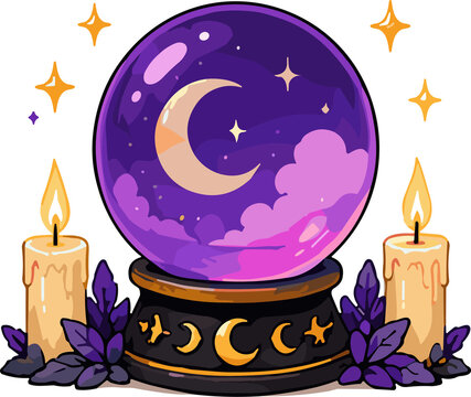 Spooky Cute Kawaii Halloween Magic Crystal Ball Ultimate Clipart Bundle with Glowing Candles, Celestial Moons, and Witchcraft Vector Design for Cricut and Sublimation, Kawaii Halloween Mystic Orb Comp