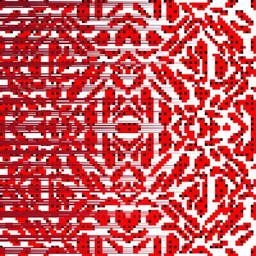 Dynamic seamless abstract pattern with bright red pixel blocks, horizontal scan lines and small black dots on white background. Digital glitch art style for tech, gaming and modern designs.
