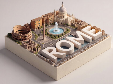 Rome travel destination concept with tiny city map model and historic monuments