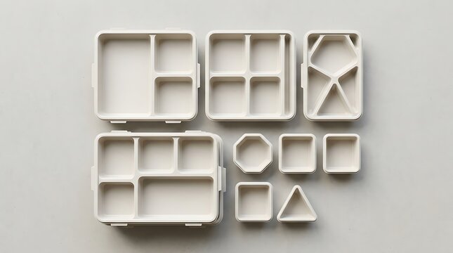 Set of empty grey plastic lunch boxes and bento containers with various internal compartments for food. modular food trays