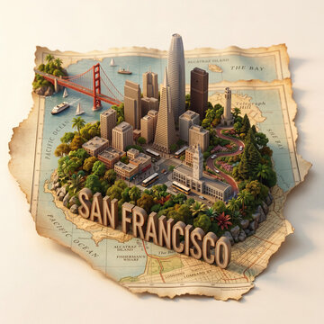 Creative California travel concept illustration featuring San Francisco skyline miniature on a retro paper map