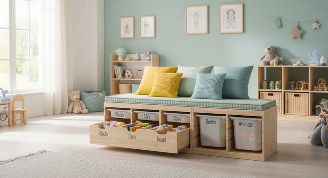 Modern Children's Playroom Organization Bench With Storage Cubbies