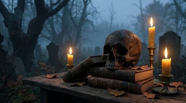 Skull on antique books and lit candles in cemetery
