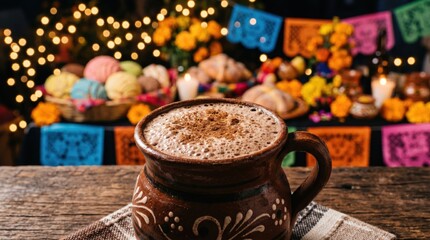 Naklejka premium Hot Chocolate in Traditional Mexican Clay Mug for Dia de Muertos Celebration