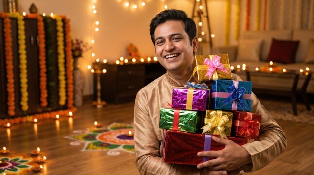 Smiling Indian man holding stacked colorful wrapped gift boxes at home