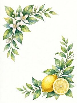 Watercolor corner frame with lemon fruit, sliced lemon, green leaves, and white citrus blossoms on a white background, botanical