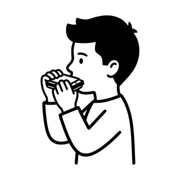 A young boy deeply focused while playing a harmonica, showcasing his passion for music and the joy it brings as he enjoys the soulful sound of the instrument.