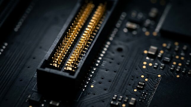 Macro view of gold pins inside a motherboard connector. Advanced computer hardware components for tech concepts.