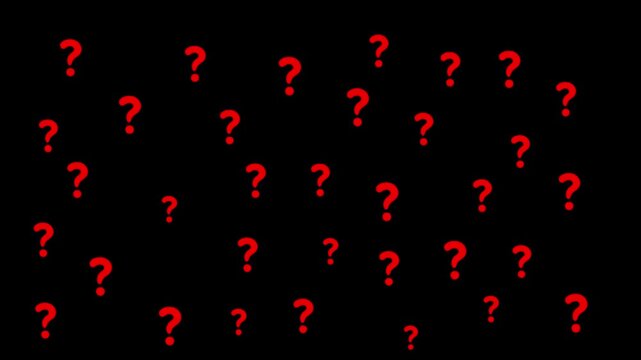 Red question marks floating on black background motion