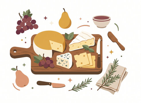 Gourmet Cheese Platter and Charcuterie Board Illustration with Grapes, Pears, Knives, and Rosemary