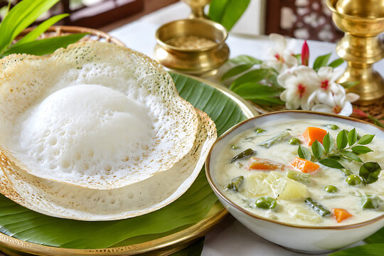 Appam with creamy vegetable stew  colorful fresh herbs  bright Kerala-style dining setting