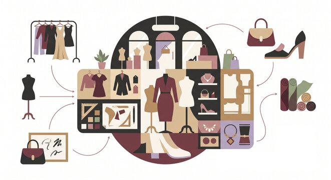 Fashion Design Atelier and Boutique Concept Illustration with Mannequins, Sewing Tools, Dresses, and Accessories