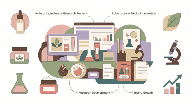 Natural Skincare Cosmetic Research and Development Infographic with Laboratory Equipment and Brand Growth Elements