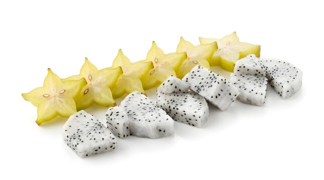 Fresh slices of star fruit and dragon fruit arranged on a white background, cross-section views of exotic tropical fruits for healthy eating